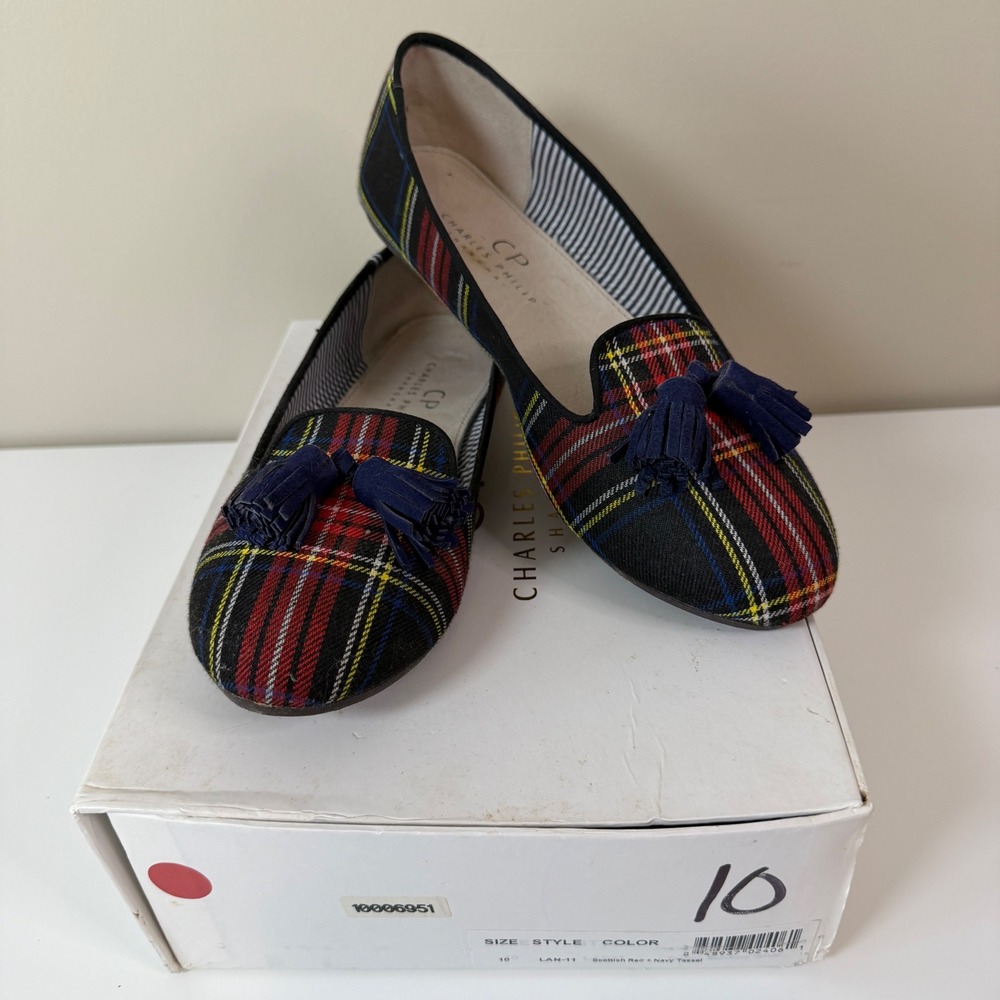 Charles Philip Loafers Women Size 10 Scottish Red Navy Tassel Plaid Flats Preppy